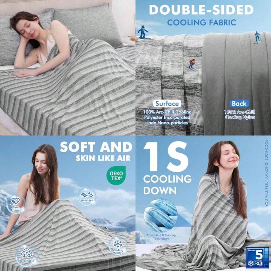 Manta Enfriamiento Rayas Grises de Doble Cara Q-MAX > 0.5 ARC-Chill - Cobijas Fría de Verano para Cama Sofá Silla Viajes Cooling Throw para Mantener el Cuerpo Fresco para Dormir 150 * 200cm - Rayas Grises - Ver 1