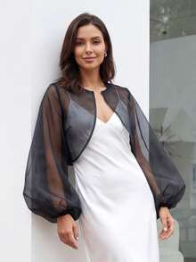 Women's Lightweight Cropped Shrugs Stylish Sheer Solid Color Open Front Balloon Long Sleeve Bolero Cardigan - màu đen - Xem 6