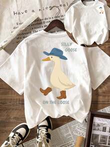 Funny Goose Print Short Sleeve Round Neck Women Casual T-Shirt, Summer Top, Suitable For Summer, Vacation, Beach White - White - View 4