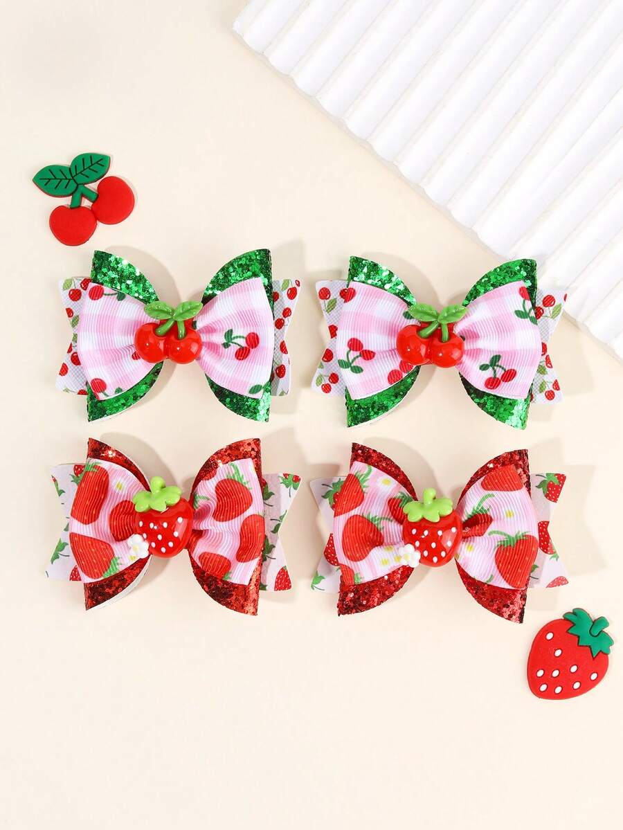2 Stücke rote, rosa, grüne Erdbeere, Kirsche Haarbögen, Muttertags Haarspangen, glitzernde Frucht-Blumen Haarspangen, Schwalbenschwanz Haarklammern, süße Y2K Haaraccessoires als Geschenk für Mädchen, Sommerurlaub, Alltag - Verschiedenfarbig - Übersicht 1