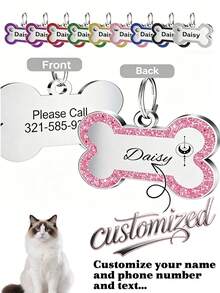 Customized Pet Tag Pendant, Personalized Cat/Dog/Puppy Pet ID Name Pendant, Collar Pendant Pet Accessory Bone Glitter Pendant, Perfect Gift For Your Pet, Sequin Fashion Minimalist Cute, Colorful Unique, Customized Christmas Decor - Blue - View 26