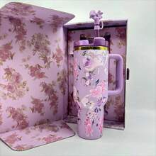 Stanlley40oz Romantic Flowers Printed Double Wall Stainless Steel Insulated Printed & Leak-Proof With Lids And Straw ,Suitable For Christmas, Valentine's Day Gifts For Women For Her, Camping, Kitchen, Girls Back To School, Office, Home,Outdoor,Travel - 淡紫色 - 查看 2