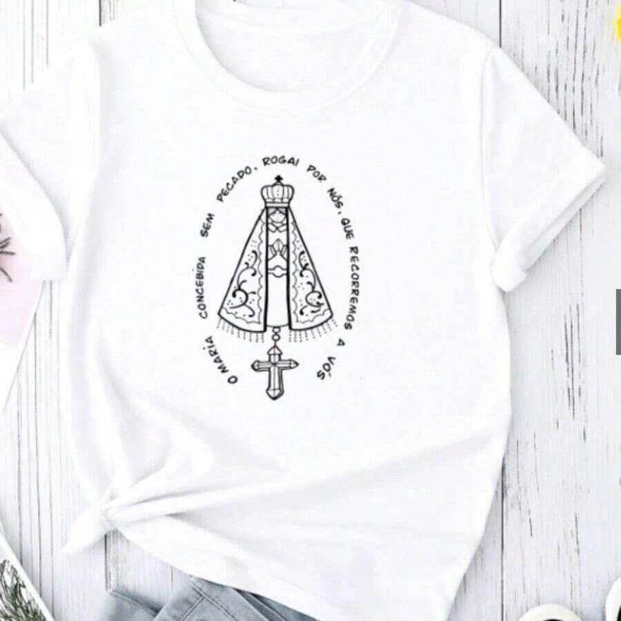 Camiseta Básica Camisa Feminina Nossa Senhora 100% Algodão Católico Religião - Branco - Visão 1