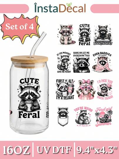 4pcs 16oz Glass Cup Wrap UV DTF Transfer (9.4x4.3in), Cute But Wild Girl Summer Raccoon, Booktrovert Sarcastic Baddie Trash Panda, Pink Bow Aesthetic Coffee Cup Decor, No Heat Needed Waterproof Rub On Decal