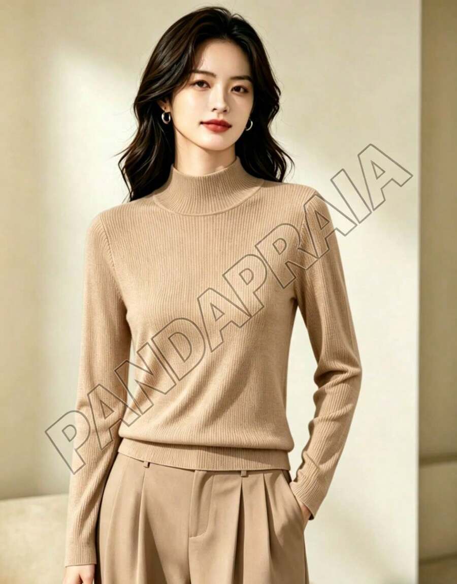 Women's Thermal Fleece Blouse, Ribbed High Neck, Winter Long Sleeve - Màu Khaki - Xem 1