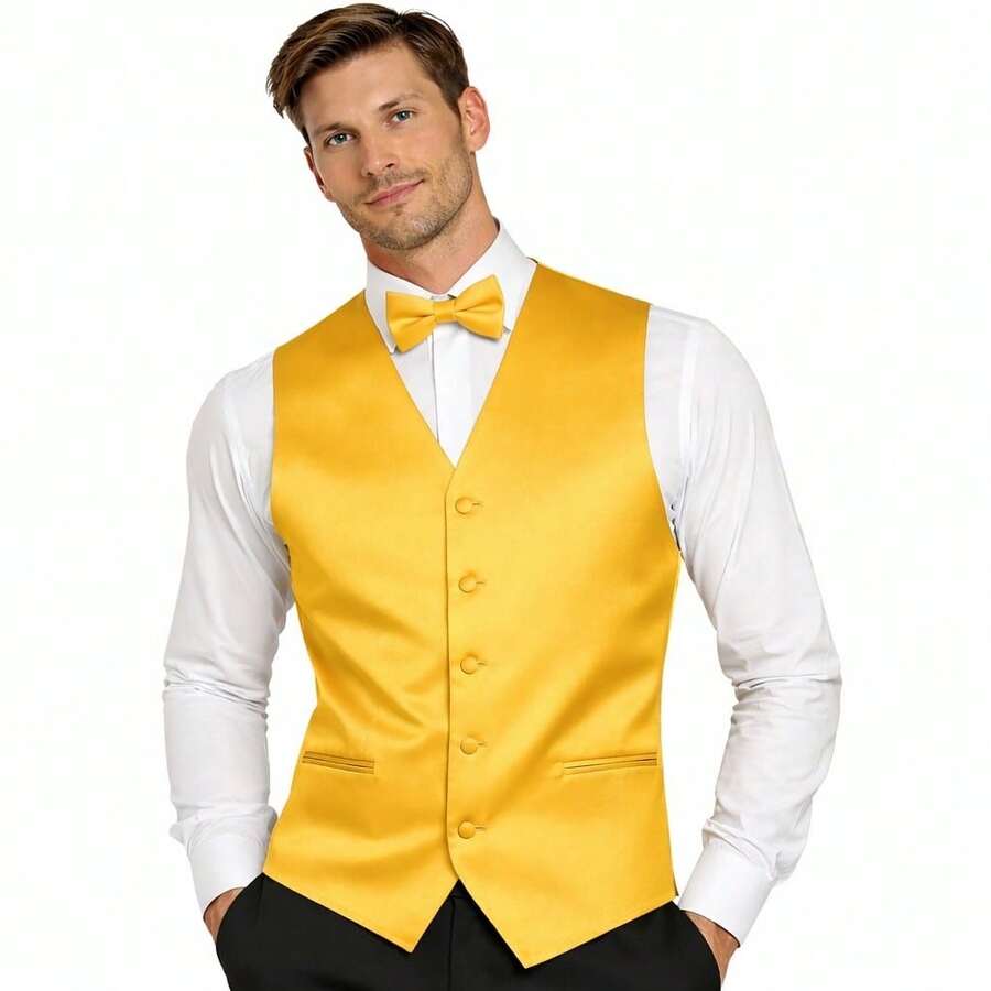 Sizes XS To 6XL Men's 3-Piece Tuxedo Vest Set – Satin Waistcoat With Bow Tie And Pocket Square For Wedding, Prom, Formal Events - 金色 - View 1