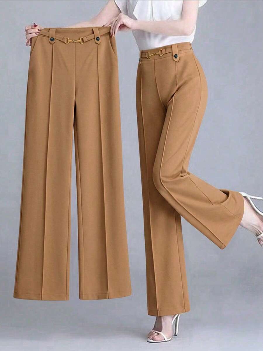 Women's Casual Fall-Style Pants With Waistband Metal Side Pockets - Comfortable For Work & Daily Wear - Khaki - View 1