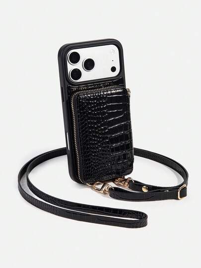 حافظة هاتف محفظة مزخرفة بطبعة التمساح الأسود المطفي قابلة للفصل مع فتحات بطاقات، حزام قابل للتعديل، تخزين سعة كبيرة، غطاء جلد مقلم فاخر مناسب لهواتف آبل 17/16/15/14/13/12/11 وسامسونج S24/S25 Ultra، حزام متقاطع، محفظة صغيرة، مناسبة للنساء