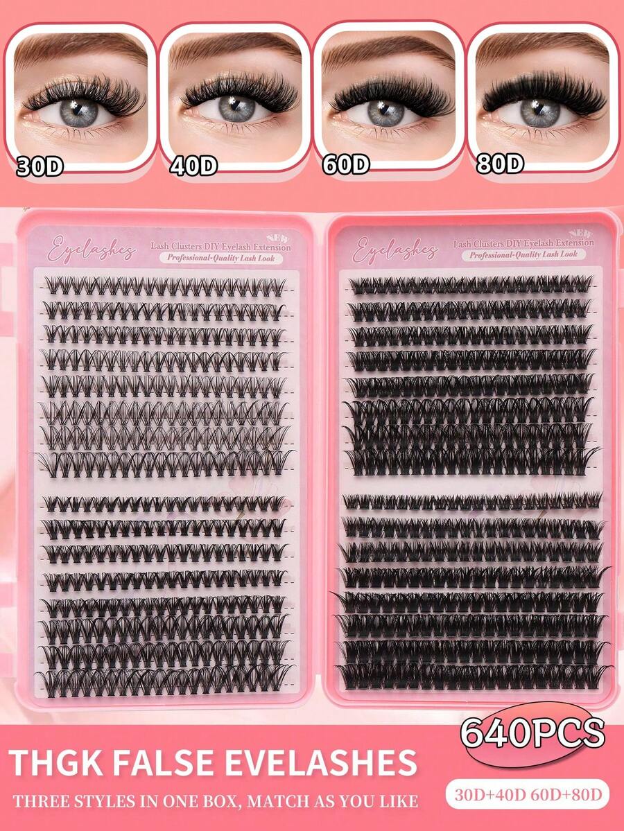 640/624/608/590/384/320片装 D型卷翘扇形假睫毛 30D+40D+60D+80D 混合款 8-16mm 精致蓬松柔软轻盈可重复使用 DIY 假睫毛套装，适合初学者、日常妆容、婚礼、派对、节日、万圣节等场合。
