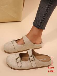 Women's Retro Suede Double-Buckle Slip-On Loafers, Soft Sole Anti-Slip Closed-Toe Mules, Casual Wear - Apricot - View 5