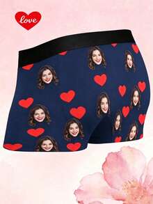 Men's Customized Face Print Red Heart Pattern Black Soft Comfortable Lightweight Breathable Fun Novel Personalized Men's Boxer Briefs, Perfect Choice For Wedding - Multicolor - View 4