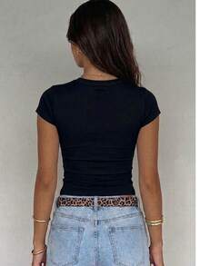 Women's Solid Color Round Neck Casual Versatile Daily Wear Short Sleeve T-Shirt - Multicolor - View 3