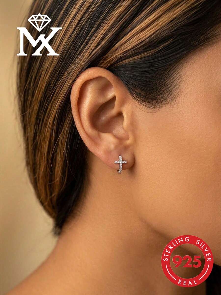 SYMFNY Pendientes de aro con cruz de plata de ley 925 para mujeres, colgante de cruz con circonita cúbica brillante, pendientes de aro pequeños hipoalergénicos, regalo de joyería - cruz - Ver 1