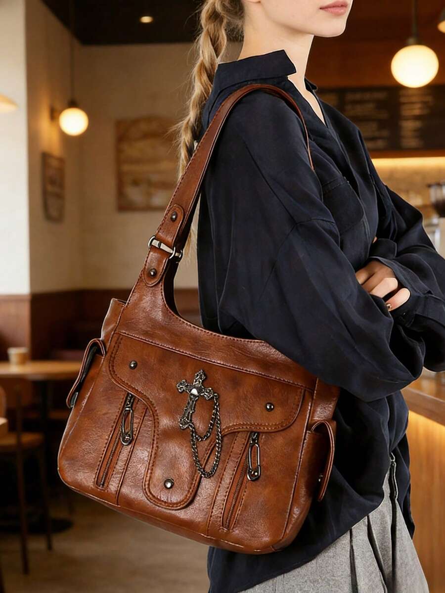 1件复古大容量手提包，复古PU单肩斜挎包，女士休闲托特包兼钱包