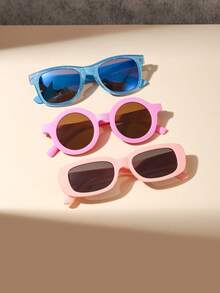 1 Set 3 PCS Boy's And Girl's 4-7Y Classic Casual Square And Round Fashion Glasses Solid Color Polycarbonate Frame Soft Tinted Lenses Lightweight For Outdoor Daily Wear With Glasses Box - Multicolor - View 2