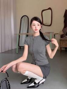 女士休闲短袖修身圆领薄款开衫，适合春夏穿着 - 灰色 - 查看 3