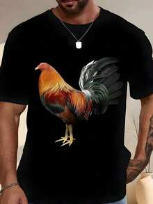 Camisa de Manga Corta para Hombre Negra con un Gran Patrón de Gallo Impreso en Estilo PureRound. - Negro - Ver 7