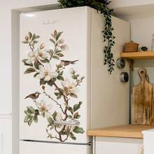 1pc New Chinese Style Magnolia Flower & Bird Refrigerator Magnet, Retro Zen Cabinet Door Decor Sticker, Waterproof Removable - Multicolor - View 3
