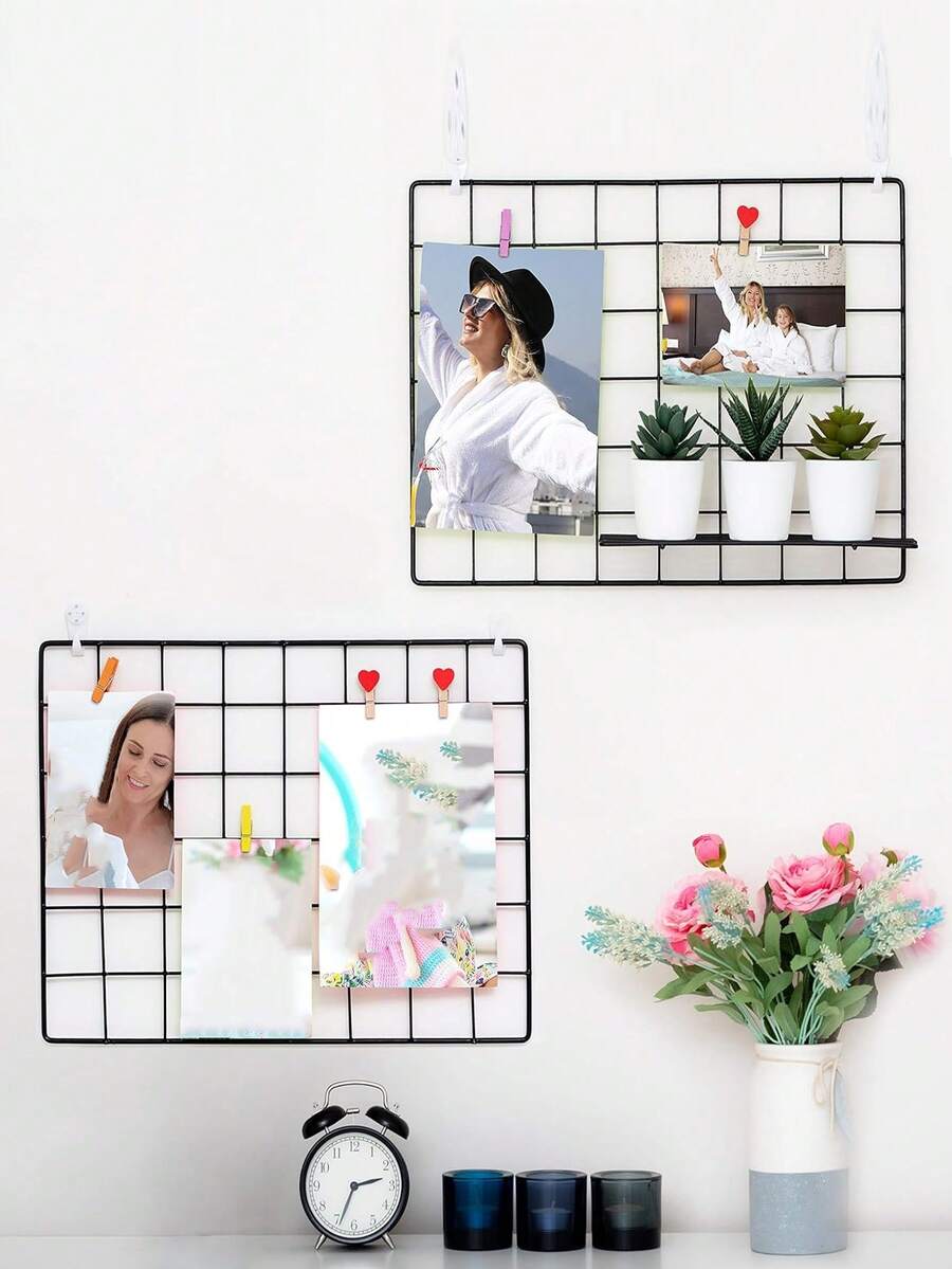 Black Thick Wire Mesh Storage Rack, Decorative Iron Wire Fence Shelf, Grid Display Rack For Supermarket, Hanging Iron Wire Mesh Flower Stand, Wall Mounted Display Rack - Photo Wall Grid Shelf - View 1