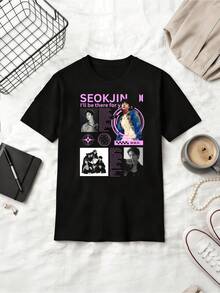 Jin Kim Seokjin I'll Be There For You Retro Graphic Cotton Summer Short Sleeve T-Shirt - Black - View 6