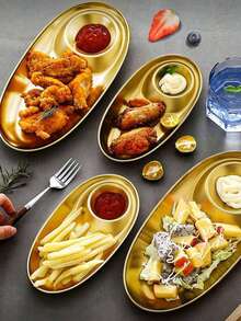 Stainless Steel Gold Oval Fried Chicken Plate With Compartments For Dipping Sauce, Appetizers, Snacks, Veggies, Chips, 2-Compartment Tray, Suitable For Home And Outdoor Camping - Multicolor - View 1