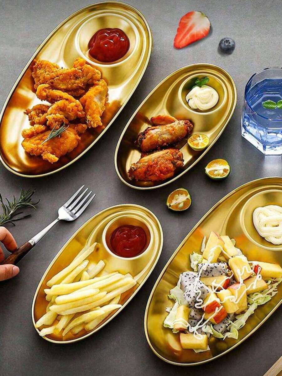 Stainless Steel Gold Oval Fried Chicken Plate With Compartments For Dipping Sauce, Appetizers, Snacks, Veggies, Chips, 2-Compartment Tray, Suitable For Home And Outdoor Camping - Multicolor - View 1