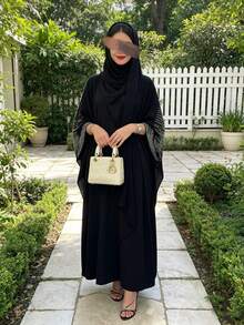 Black Elegant European & American Middle Eastern Style Women's Rhinestone Decorated Hijab Headscarf, Loose Long Sleeve Cover Up Abaya Robe Fall - Black - View 2