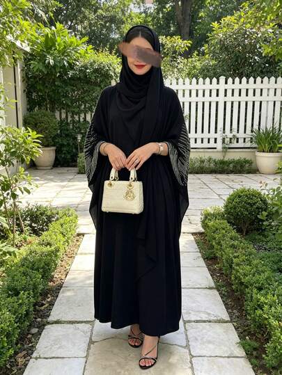 Khăn trùm đầu Hijab màu đen thanh lịch kiểu Âu Mỹ - Trung Đông dành cho nữ, đính đá lấp lánh, kiểu áo choàng Abaya tay dài rộng rãi.