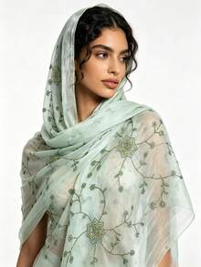 1pc High-End Starry Embroidered Shawl, Middle Eastern Muslim Headscarf, Wedding & Formal Event Accessory - Green - View 5