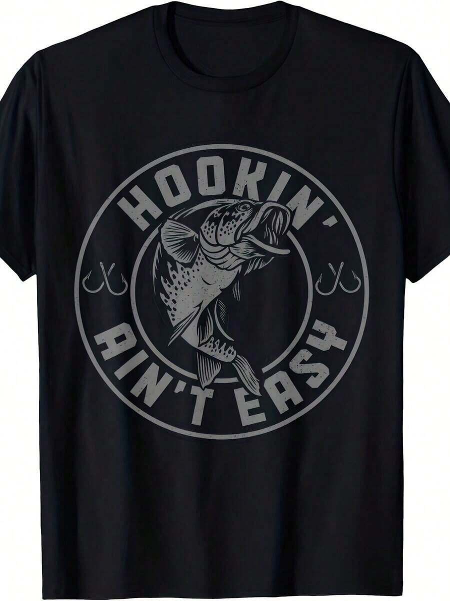 Men's Vintage "Hookin' Ain't Easy Fishing" T-Shirt, Plus Sizes, Tall, Black With White Fish Graphic, Slim Fit, Short Sleeve, Crew Neck, Casual Wear For All Seasons, Perfect Gift For Fishermen At Christmas. Men's Casual Short Sleeve T-Shirt With Funny Graphic. - Black - View 1