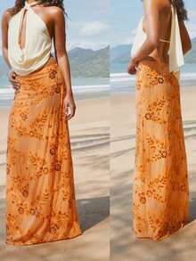 Women Summer Skirt Casual Elegant Sequin Floral Embroidery Long Skirt For Beach Vacation Club Streetwear - 橘色 - 查看 7