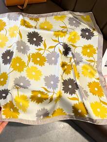 1pc New Yellow Floral Pattern Scarf, 70cm Square Headscarf/Bandana Scarf For Beach Holiday,Accessories,Travel Essential - Yellowish-gray - View 4