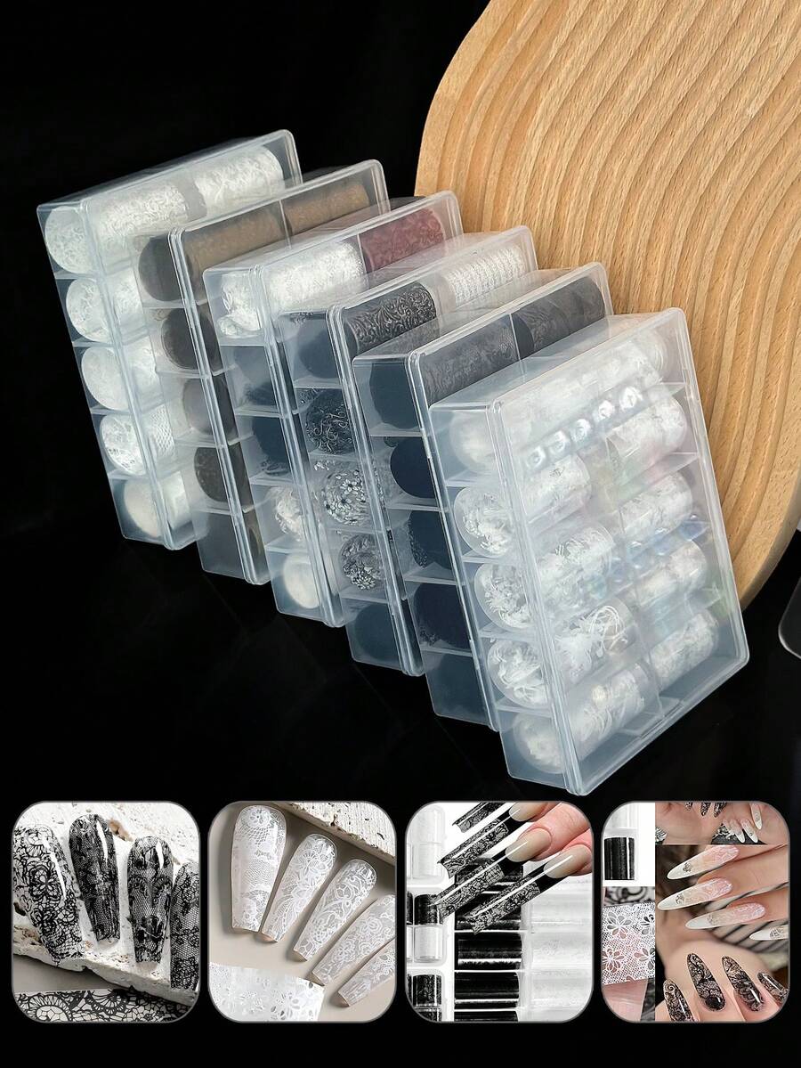 Giấy dán móng nghệ thuật ren khổ lớn 4cm, họa tiết ren đen trắng, bộ giấy dán móng nhiều họa tiết ren và bầu trời sao. - Nhiều màu - Xem 1