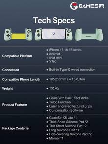 GameSir X5 Lite 手机游戏手柄，适用于 15/16/17 系列 iOS 和安卓平板电脑，兼容设备长度 105-213mm，霍尔效应摇杆，轻巧符合人体工程学，支持 Game Pass、Zenless Zone Zero 云游戏、Steam/Moonlight 串流游戏和远程游玩，芥末绿 - Wasabi - 查看 11