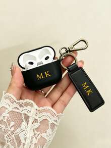 2pcs Solid Color Phone Case, Faux Leather Keychain Keyring Bag Charm, Portable For Outdoor, Handmade Artificial Leather Keychain Accessory Suitable For Wireless Earphones, Minimalist Protective Case For AirPods 1/2/3/Pro, Customizable 3-Letter Name, Back To School Season - Black - View 10