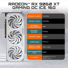 GIGABYTE Radeon ™   RX 9060 XT Gaming OC Ice 16G, Tarjeta gráfica (16 GB GDDR6, 256 bits, PCIe 5.0, /DP 2.1, 2 Ranuras, Ventilador Hawk, Gel térmico de Grado Servidor, Estructura Reforzada) - Ver 3