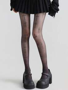 1双交叉印花连裤袜，个性化绑带设计，性感风格，贴合肌肤，显瘦，黑色丝绸材质，100%聚酯纤维，可手洗，不可干洗 - 彩色 - 查看 4