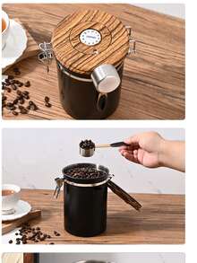 Hộp đựng cà phê kín hơi bằng thép không gỉ 38oz có nắp đậy, vạch chia ngày tháng và thìa đong, thích hợp đựng cà phê xay, hạt cà phê, trà, bột mì, ngũ cốc, đường, cà phê đen. - màu đen - Xem 3