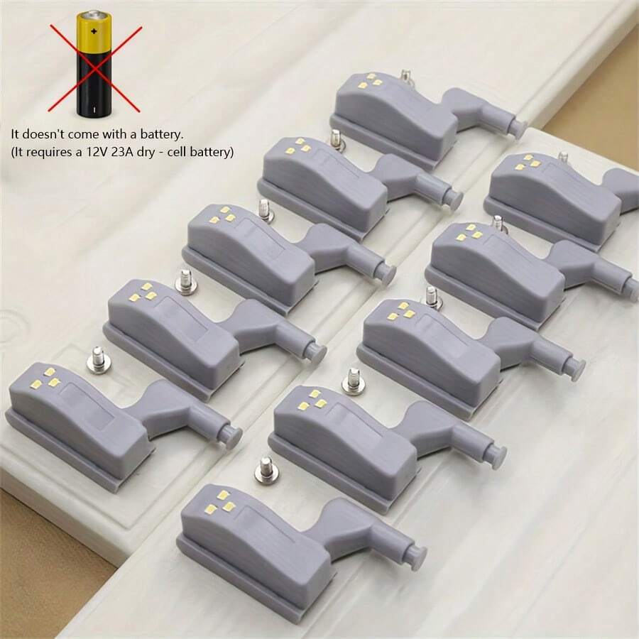 10pcs Cabinet Hinge LED Lights - Sensor Night Lights For Kitchen, Wardrobe, Bedroom And Living Room, Battery Powered (2 X AA Batteries Needed), Warm White & Cool White, Gray Plastic Housing