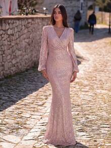 Faeriesty Vestido de sirena con mangas de farol y lentejuelas elegante para mujer, vestido de noche formal de manga larga y grácil para invitada de boda, ceremonia de graduación, fiesta de cóctel, vacaciones de verano en color rosa - Rosa - Ver 1