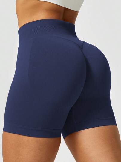 1pc Women Seamless Solid Color Ribbed Sports Shorts
