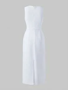 Elegant Casual Sleeveless Round Neck Fitted Dress, Suitable For Daily Wear, Dates, White Dress, Summer Dresses, Holiday Dresses For Women - White - View 5