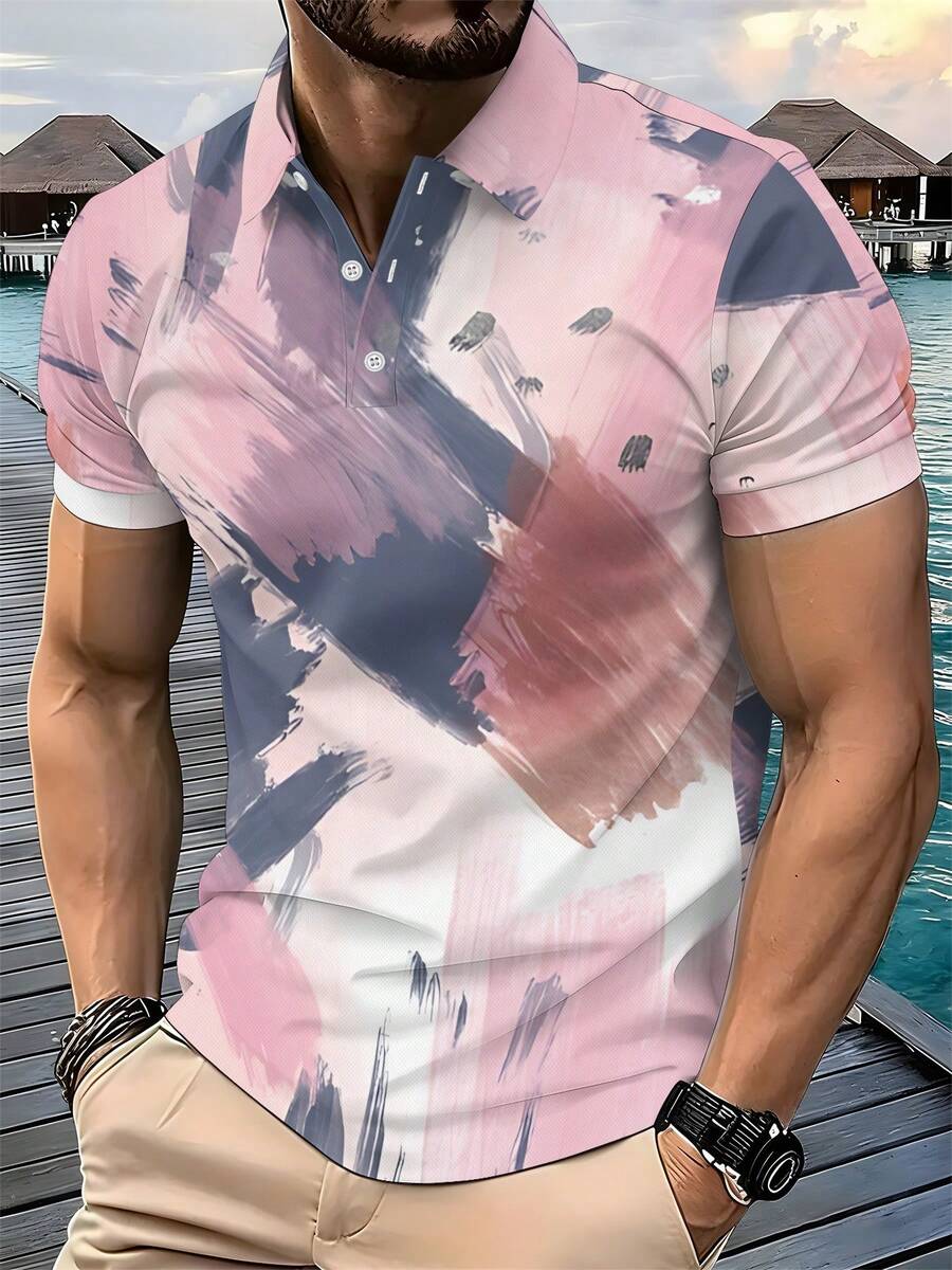 Men's 3-Button Sport Polo Shirt, Pink-Blue-White Abstract Brush Stroke Print, Quick-Dry Knit Slim Fit Top, Casual Vacation & Daily Wear - Nhiều màu - Xem 1
