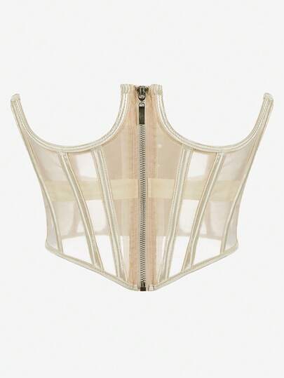 Women's Black Sheer Mesh Corset Top, Gothic Retro Front Zipper Club Outfit