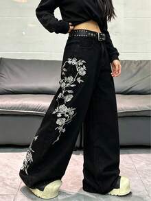1件韓式街頭風女款刺繡寬腿牛仔褲，寬鬆舒適四季皆宜長褲（不含腰帶/配件）休閒款 - 黑色 - 查看 6