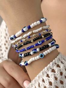 Pulsera de cuentas de ojo de diablo de colores de moda con ojos azules y 7 capas - Multicolor - Ver 3