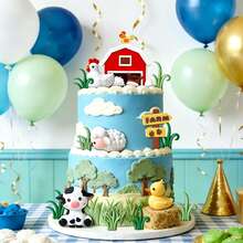 6 piezas Decoraciones para pasteles con lindos animales de granja, incluye vaca, pollito y granero, adecuado para decoraciones de fiesta de cumpleaños, baby shower, suministros de repostería, fiesta con tema de granja | Decoraciones para pasteles, artículos para fiestas, celebración de cumpleaños, accesorios universales para pasteles de fiesta - multicolor - Ver 4