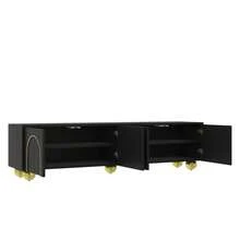 TV Stand, Low Model With Textured Doors, Gold Decorations, Round Gold Legs, Includes Shelves And Push-To-Open Mechanism. - Black - View 11