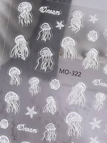 3 piezas de pegatinas de uñas de verano con diseños de conchas marinas, estrellas de mar y medusas en relieve de color blanco, olas y playa, autoadhesivas para decoración de manicura de salón con diseño de arte de uñas tropical de Hawái - Multicolor - Ver 6