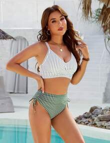 Women's High Waisted Bikini Sets, Crisscross Tie Back Drawstring Tummy Control Two Piece Swimsuits Bathing Suit - 新條紋綠 - 查看 4